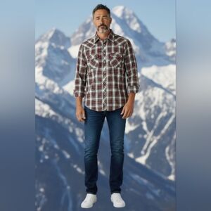 VTG 80's Authentic Western Youngbloods Green Red Plaid Pearl Snap Shirt Size M